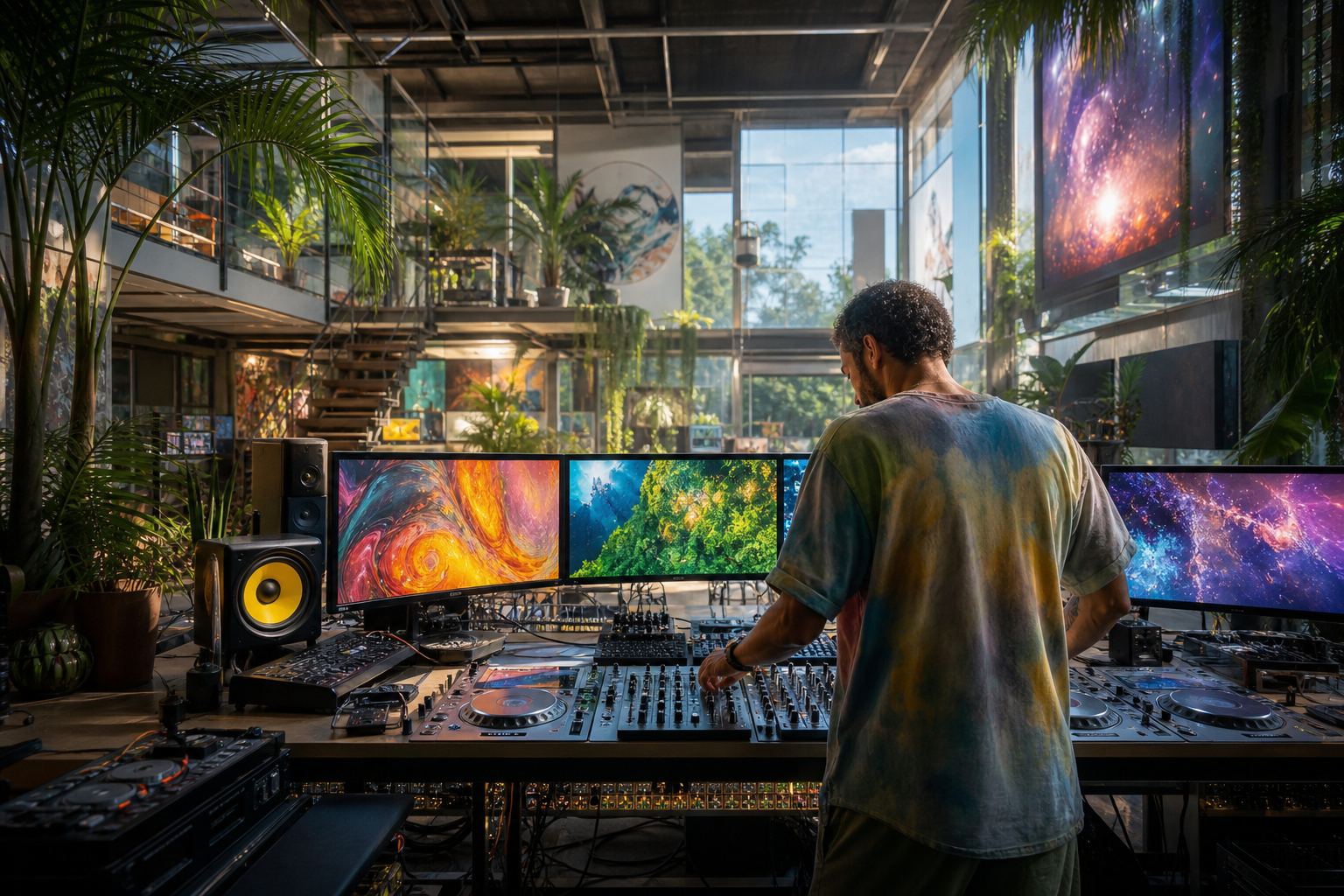 Persona treballant en un estudi amb diverses pantalles de visuals generatius