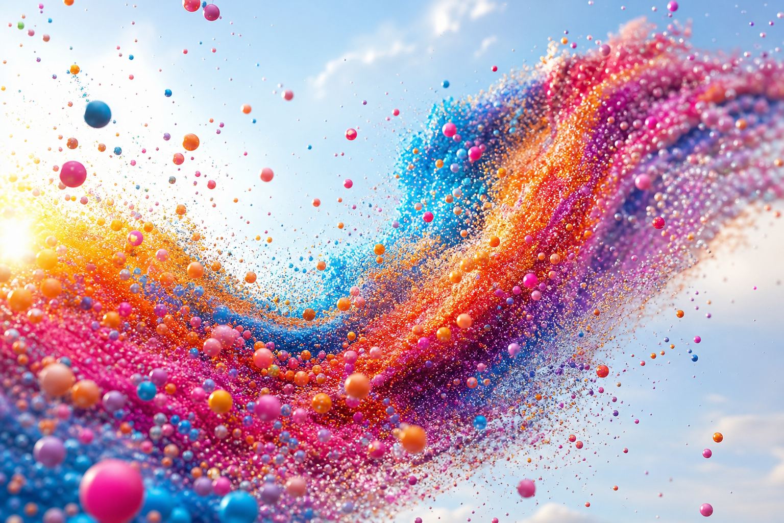 Núvol de partícules de colors formant una ona, generat per codi