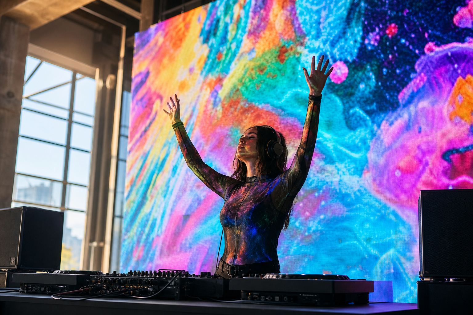 Artista amb els braços amunt davant una pantalla LED de visuals de colors