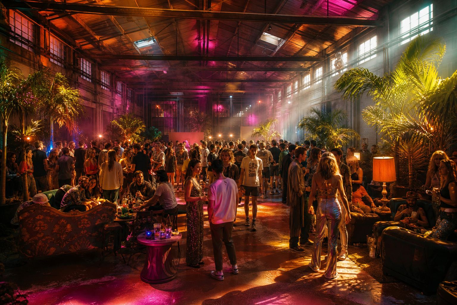 Nau industrial plena de públic durant una sessió de música electrònica amb llum de colors