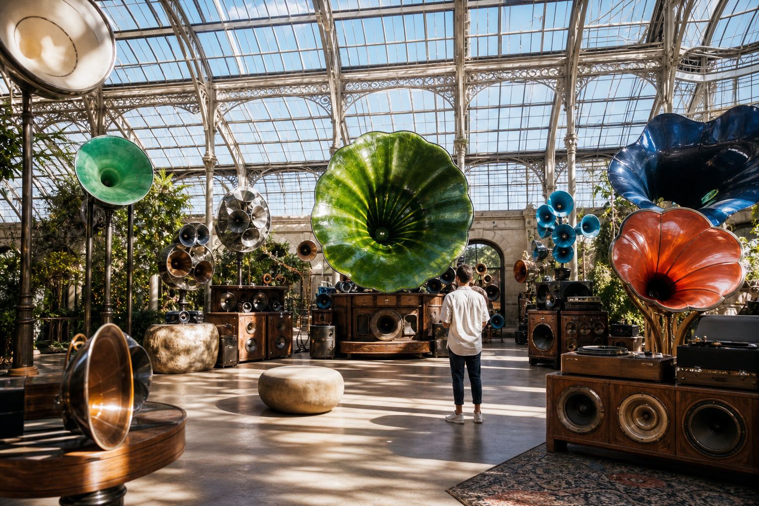 Sala expositiva amb escultures sonores en forma de gramòfon i visitants