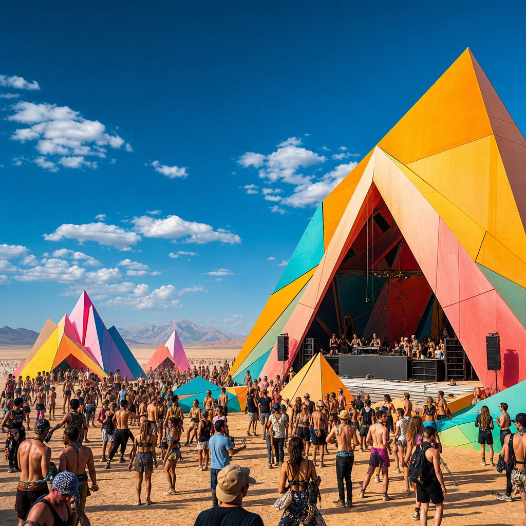Escenari piramidal de colors en un recinte a l'aire lliure