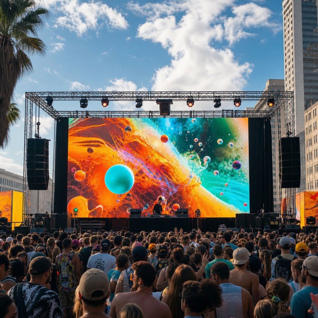 Pantalla LED de gran format amb visuals generatius davant d'una multitud