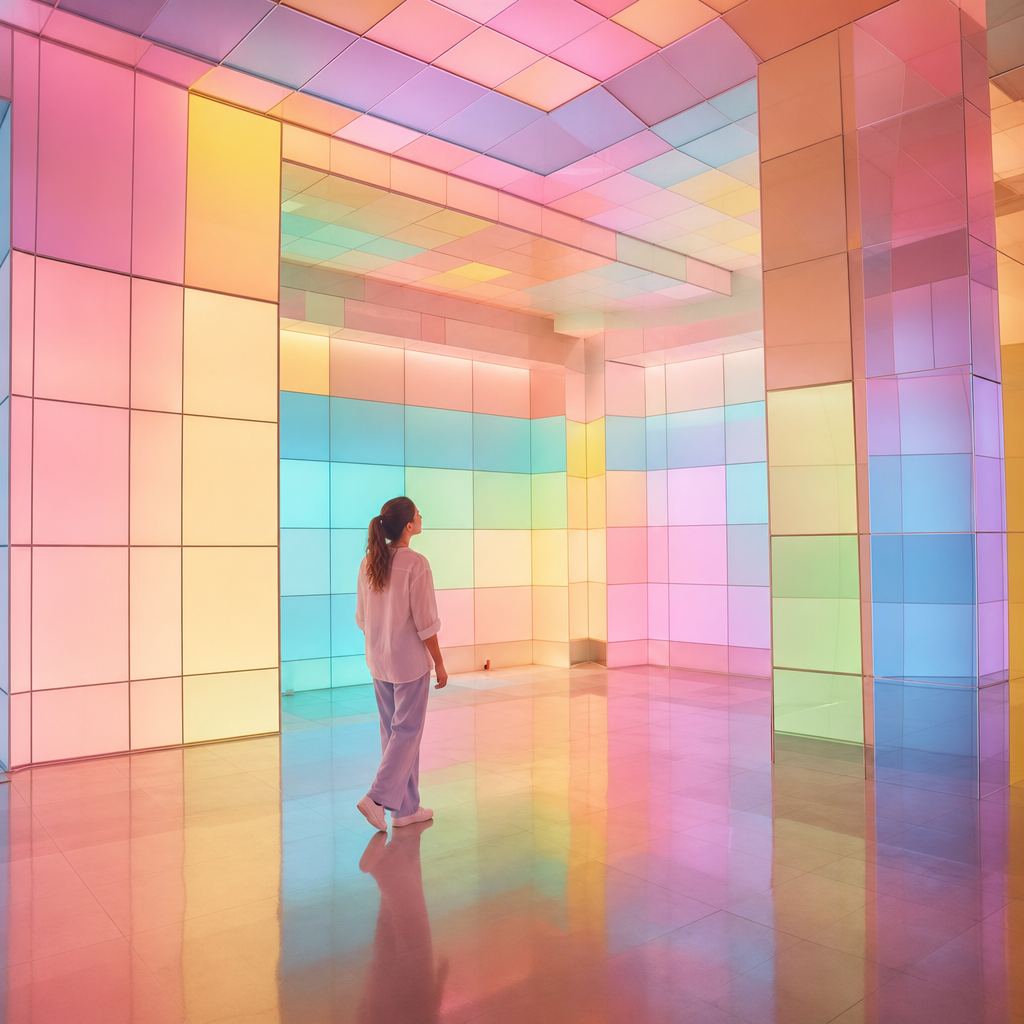 Cambra de plafons de vidre de colors amb una visitant a l'interior