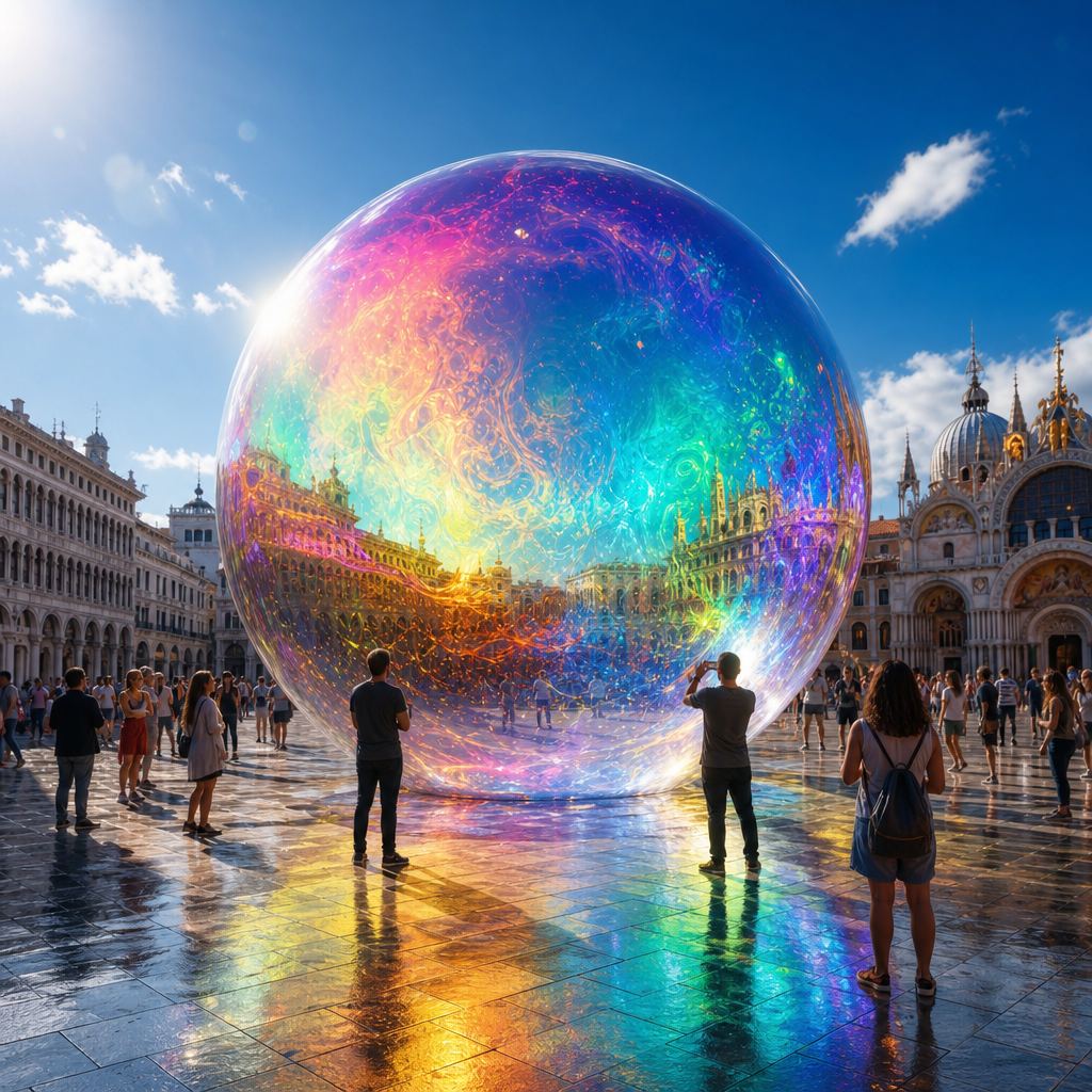 Esfera gegant iridescent instal·lada en una plaça amb visitants