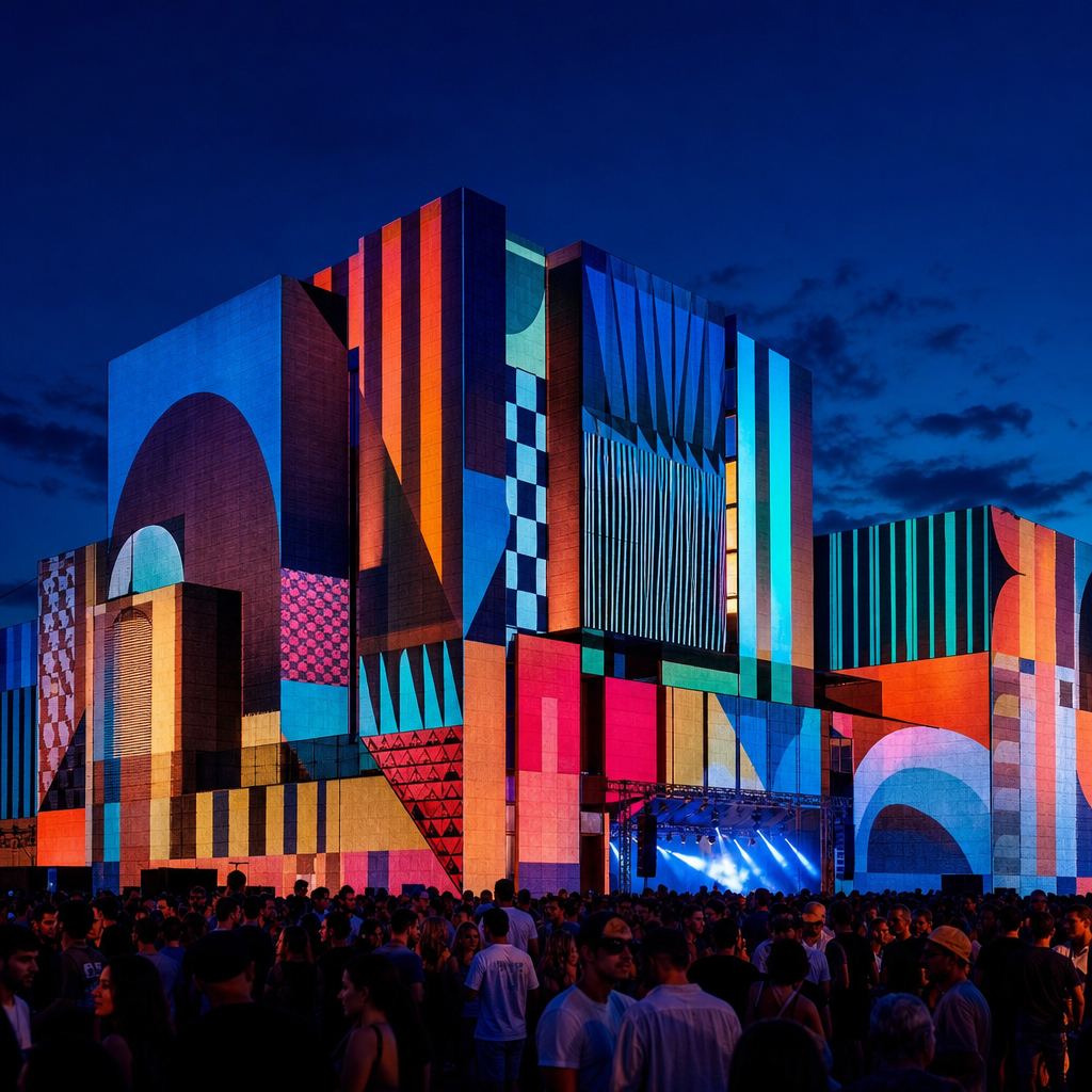 Videomapatge de colors projectat sobre la façana d'un edifici