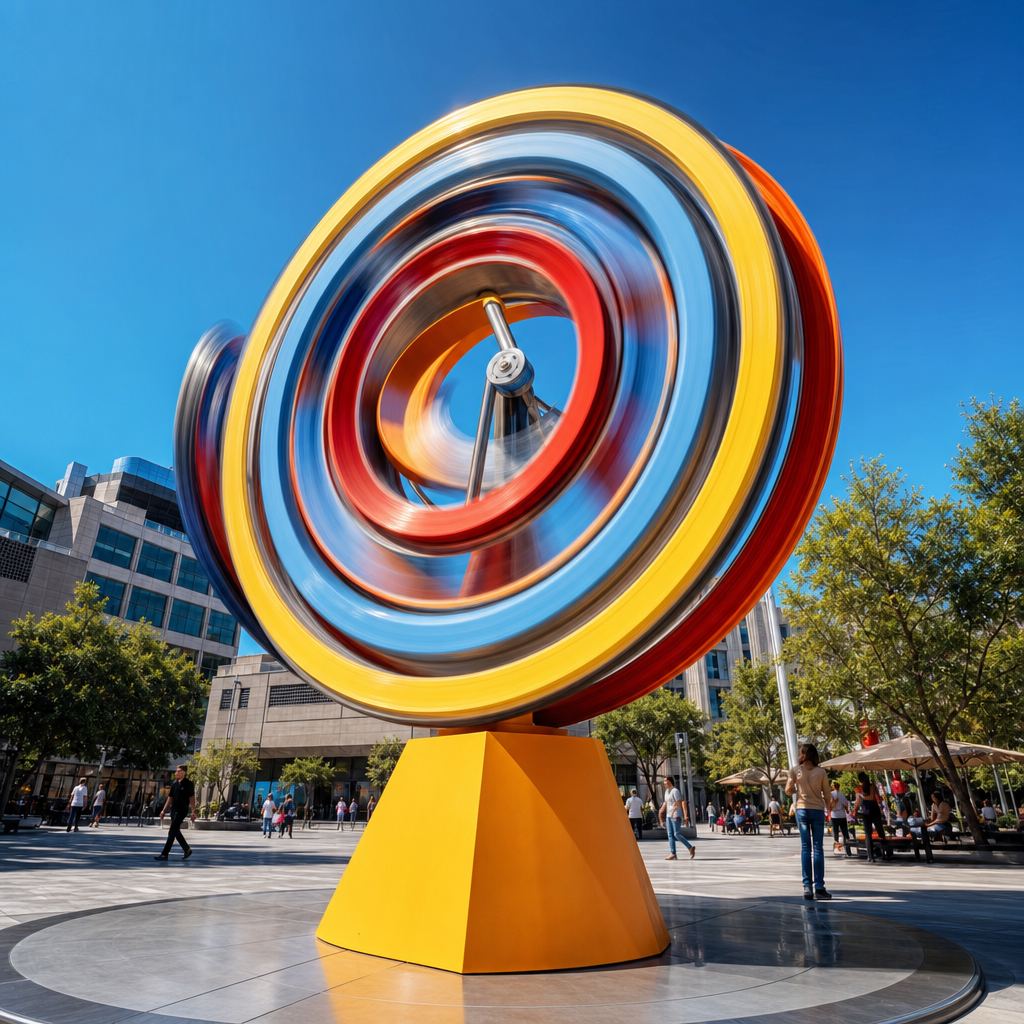 Escultura de cercles concèntrics de colors instal·lada a l'exterior