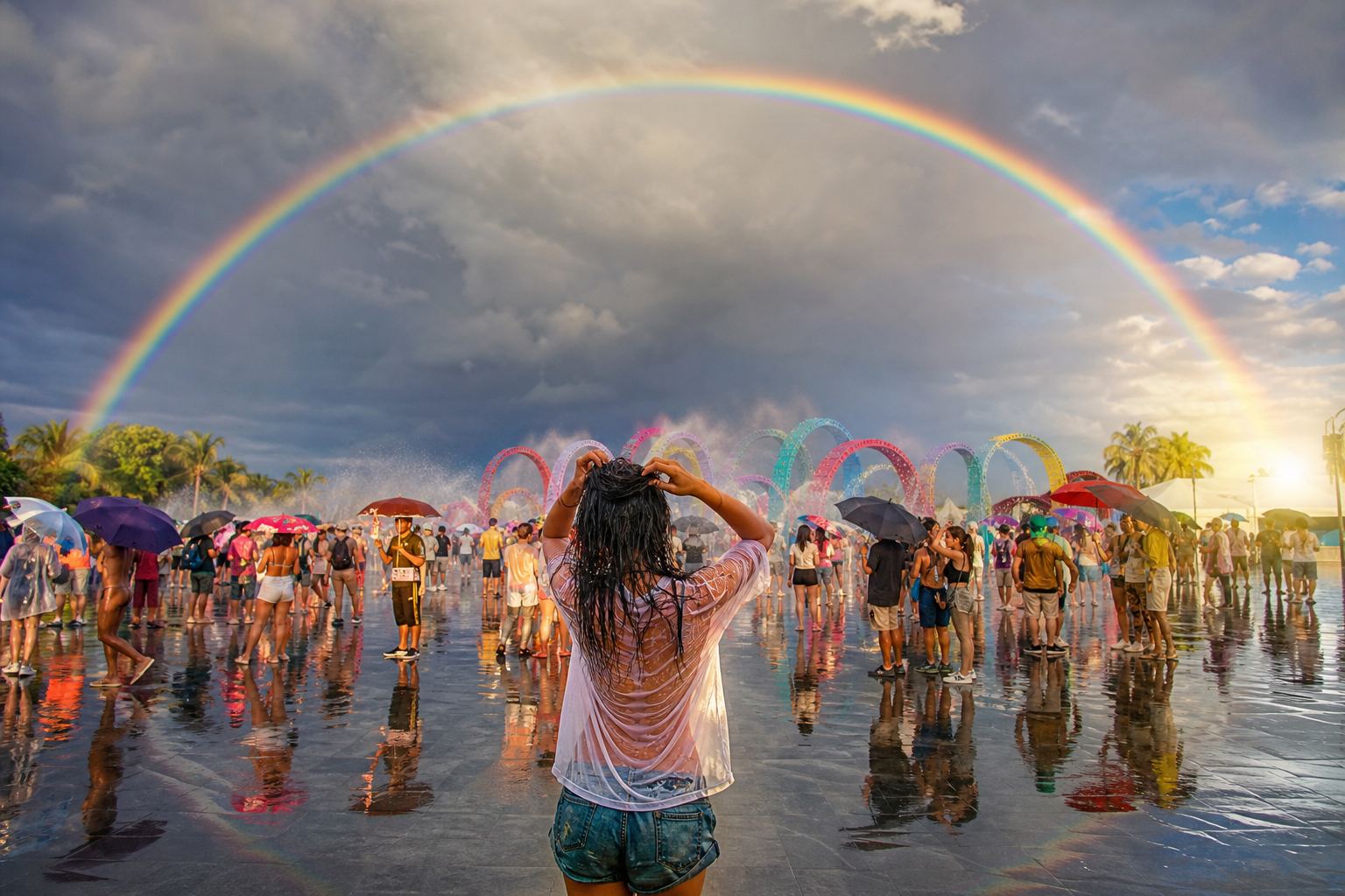 Arcs de llum multicolor sobre una plaça inundada amb gent