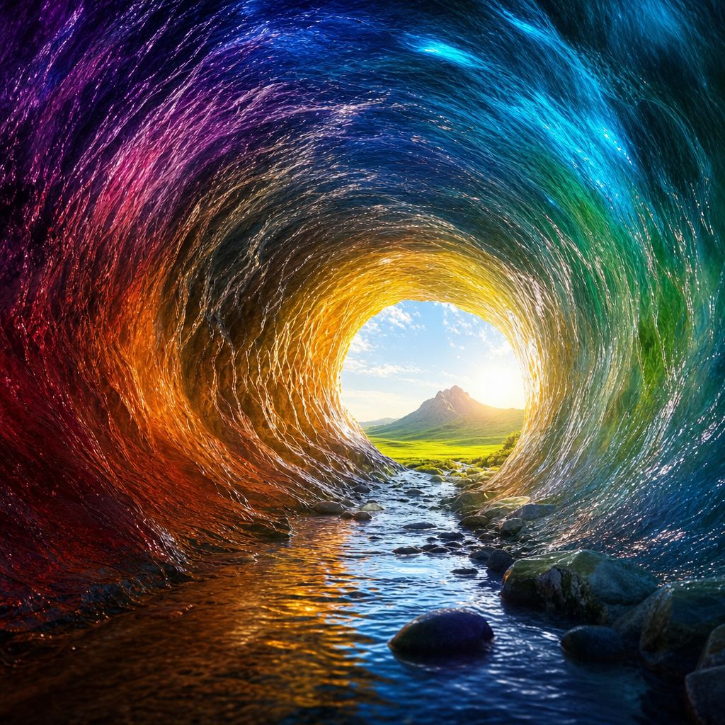 Túnel de llum en espiral que travessa un paisatge